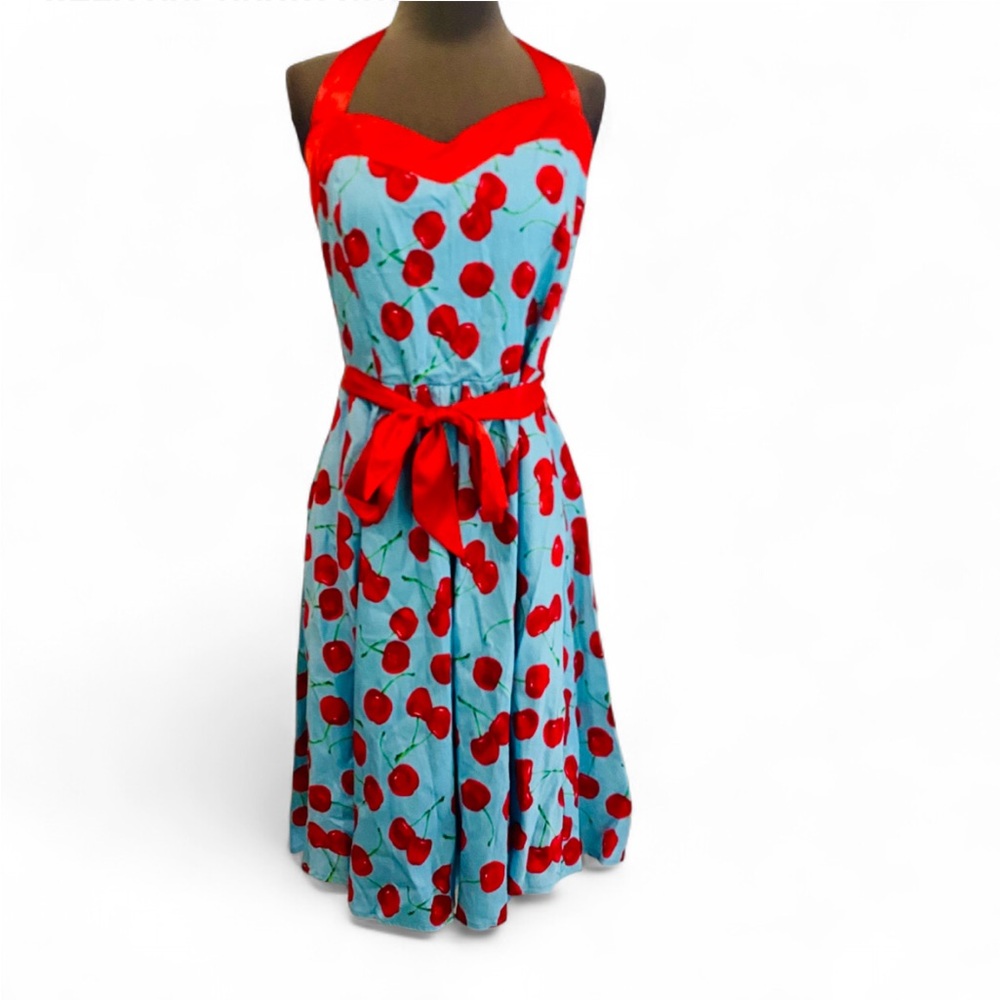 NWT FE DIE RETRO PINUP CHERRY PRINT HALTER FIT & FLARE DRESS SIZE MEDIUM